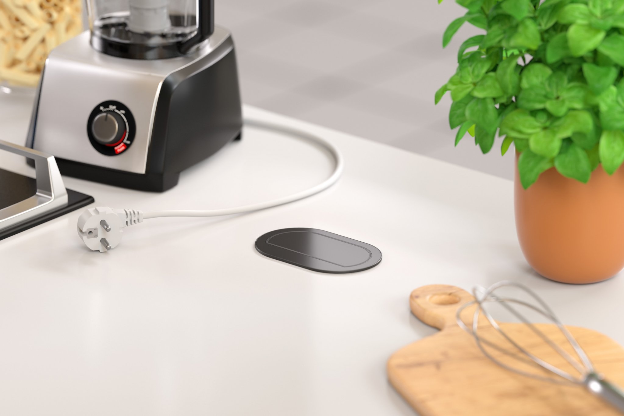 Mini torretta elettrica nera a 2 prese Schuko incasso doppio circolare chiusa su top cucina. Doppia presa Schuko salvaspazio.