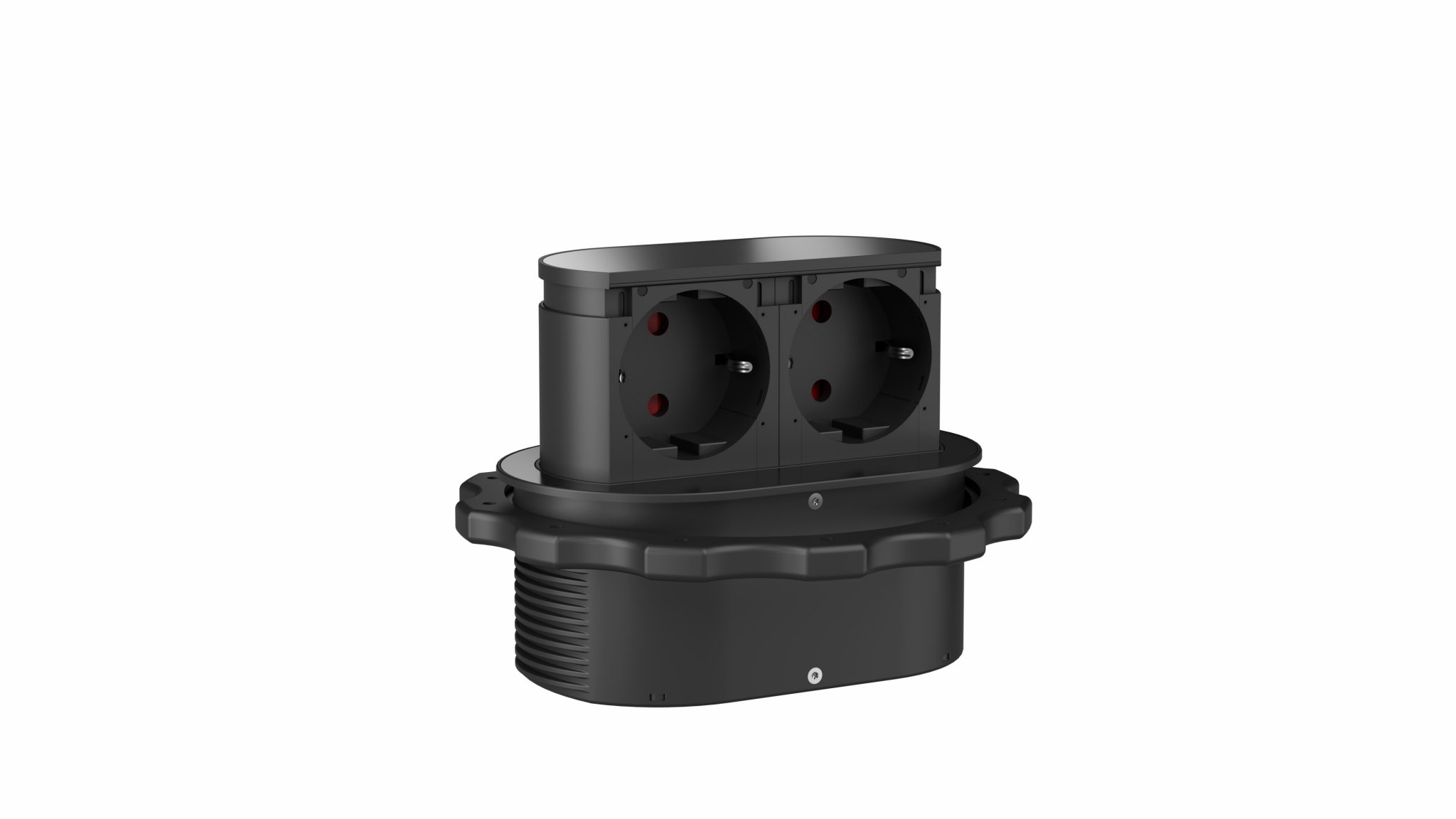 Mini torretta elettrica nera a 2 prese Schuko incasso doppio circolare aperta dettaglio. Doppia presa Schuko salvaspazio.