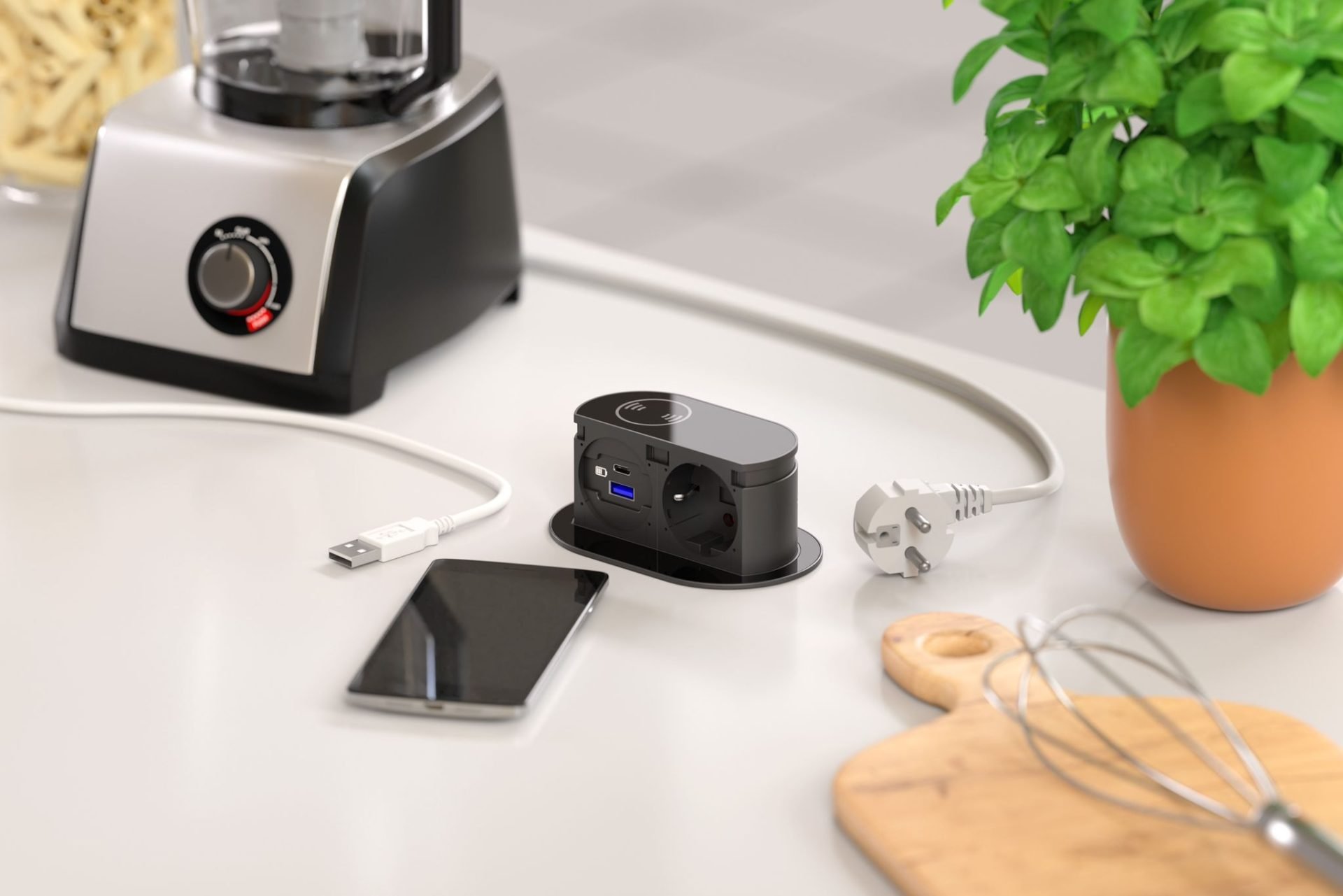 Mini torretta elettrica vetro nero a 1 Schuko + 2 Usb (A+C) + Wireless_ambientata aperta