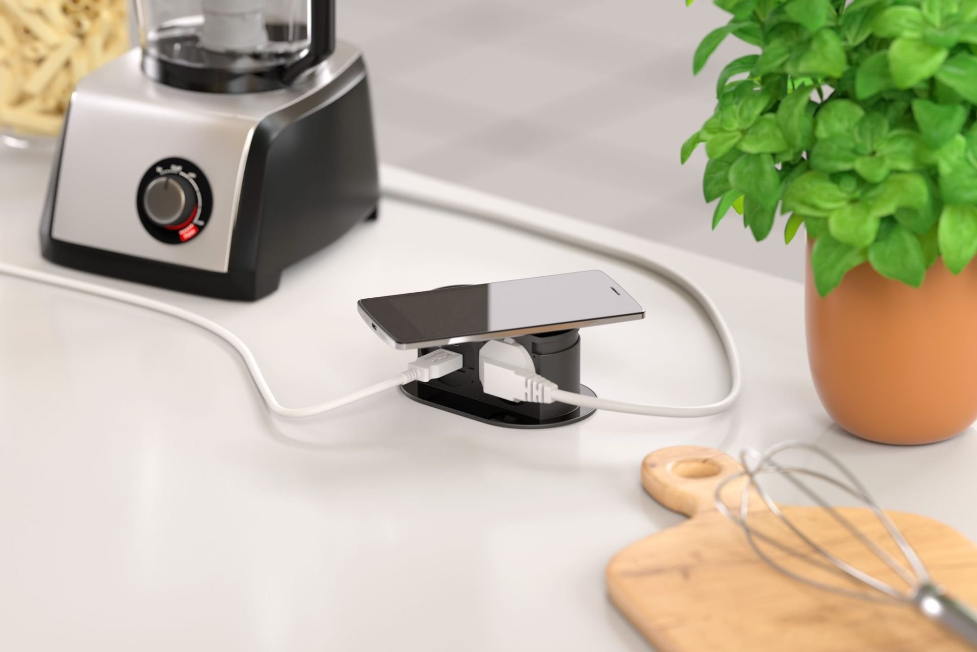 Mini torretta elettrica vetro nero a 1 Schuko + 2 Usb (A+C) + Wireless_ambientata carica