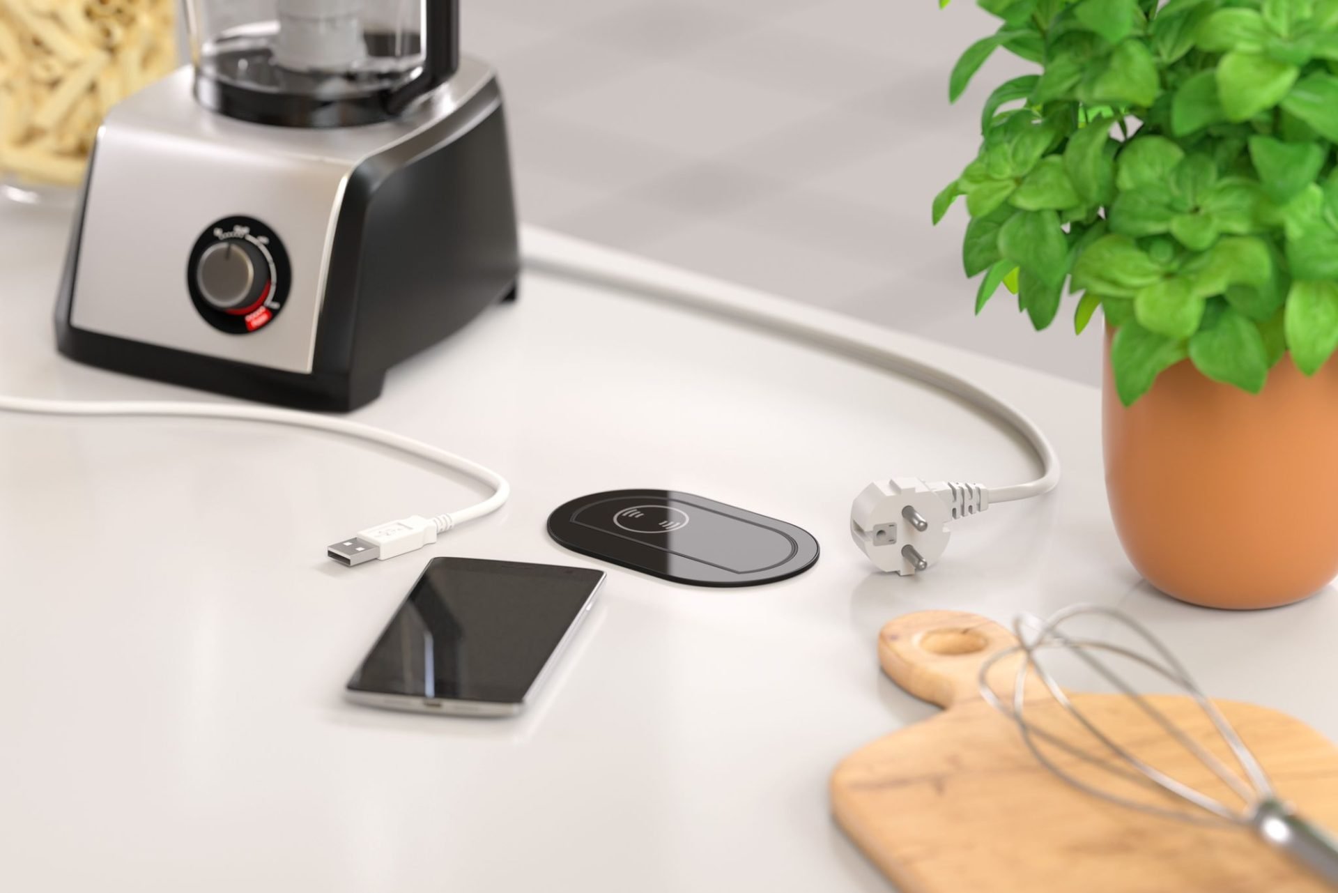 Mini torretta elettrica vetro nero a 1 Schuko + 2 Usb (A+C) + Wireless_ambientata chiusa
