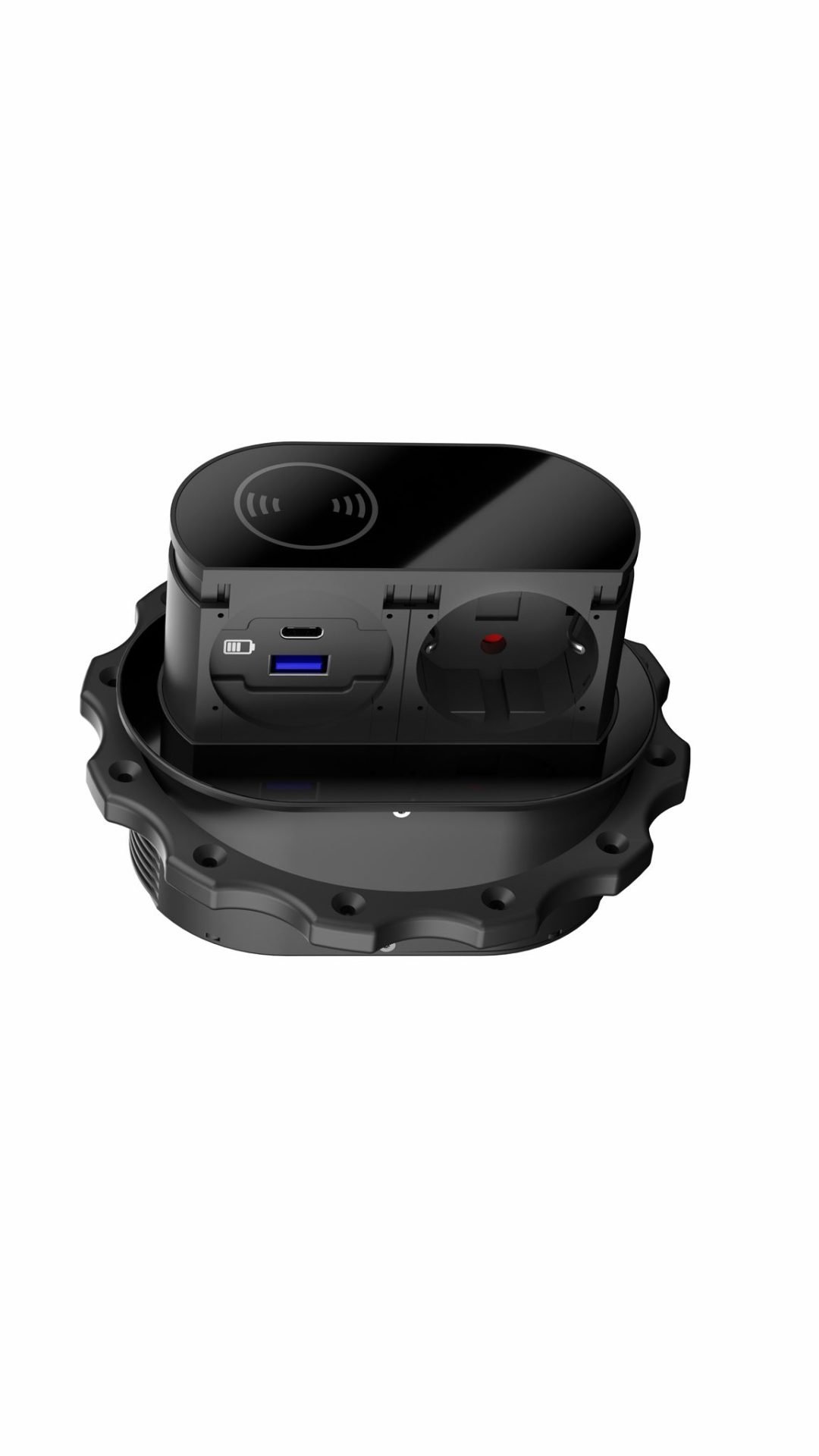 Mini torretta elettrica vetro nero a 1 Schuko + 2 Usb (A+C) + Wireless_dettaglio aperta 2