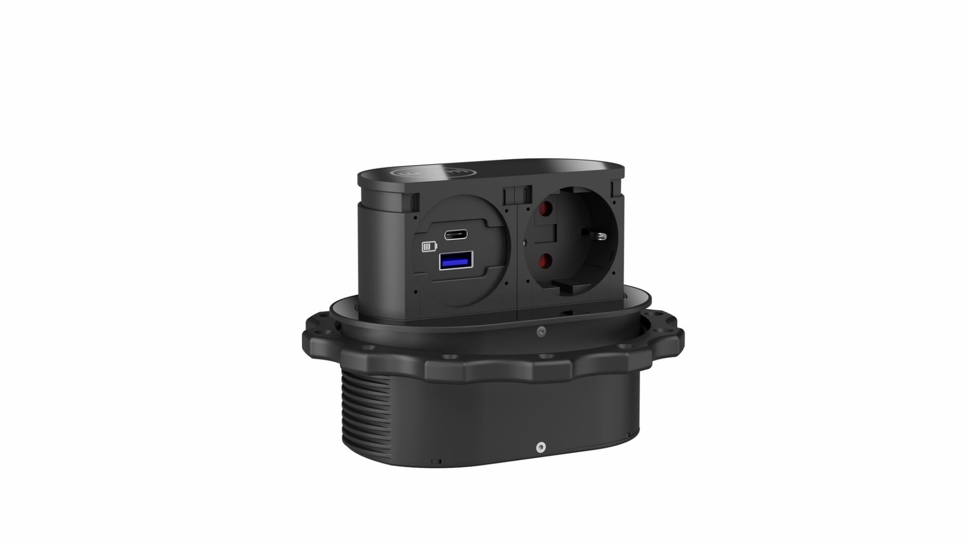 Mini torretta elettrica vetro nero a 1 Schuko + 2 Usb (A+C) + Wireless_dettaglio aperta